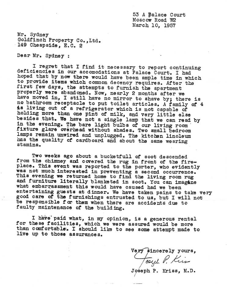 Kriss tenant complaint, 1957